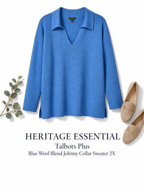 Talbots Plus Blue Wool Blend Johnny Collar Sweater 2X